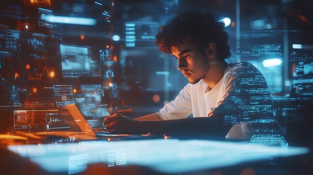 A young man working on a laptop with digital overlays of code and data