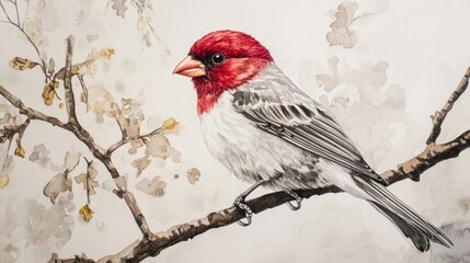 Crimson-headed Cardinal Watercolor Painting: A Detailed Avian Portrait