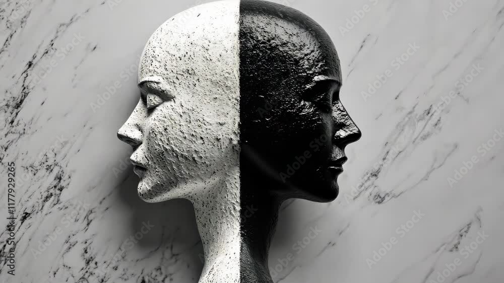 Poster unique sculpture depicting duality with contrasting textures and colors in minimalist artistic expre
