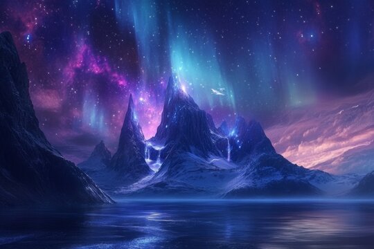 Norwegian fjords, night starry sky
