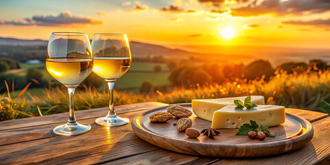 Glasses of white wine sit beside a cheese platter featuring slices of cheese and mixed nuts as the sun sets over the hills, creating a vibrant sky