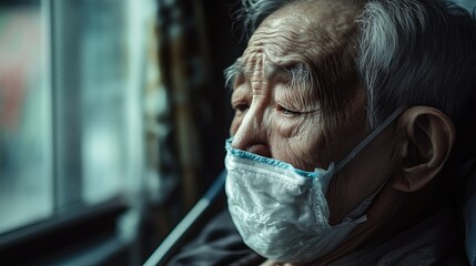 A olderly Chinese man is sick with metapneumovirus virus (hmpv), clean bright hospital room 