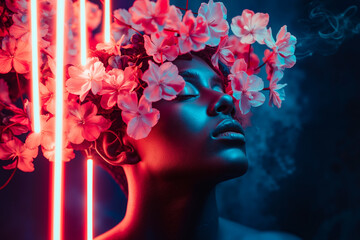 A woman with flowers in her hair and a neon light in her head