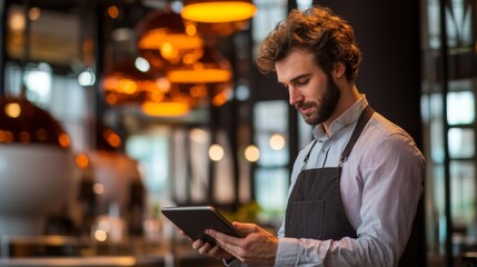 Focused Restaurant Staff Member Using Tablet for Orders