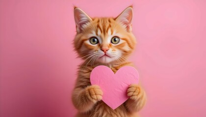 Cute ginger cat holding a pink paper heart, expressing love and affection, perfect for Valentine’s Day or romantic-themed content