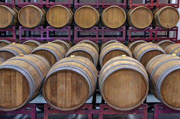 Oak barrels for storage and aging of red wines produced from the carmenere and tannat grapes. Bento Gonçalves. Rio Grande do Sul. Brazil, 2016