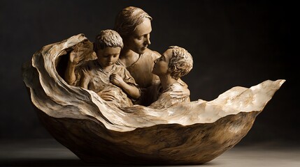 A Mother and Her Two Children Embracing Within a Carved Wooden Shell