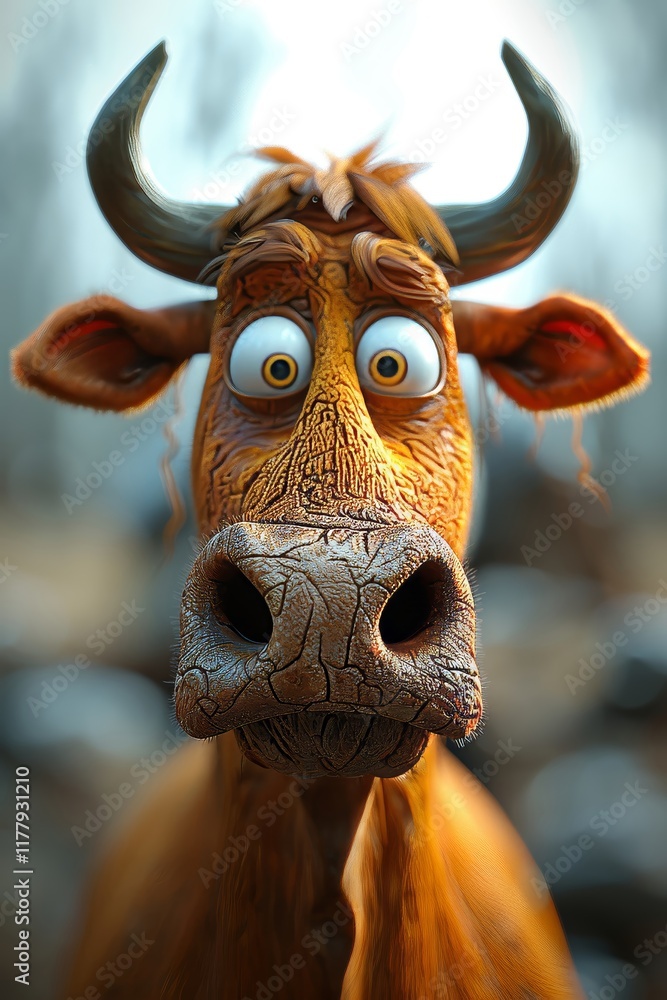 Aufkleber a cartoon cow with large eyes and an expressive face looks directly at the viewer. the background fe