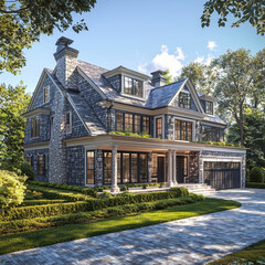 Fototapeta premium Luxury waterfront home, shingle siding, stone accents, expansive windows.