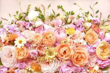 Delicate blooming festive roses and hydrangea summer flowers, blossoming rose flower soft pastel background, bridal bouquet floral card, selective focus, shallow DOF