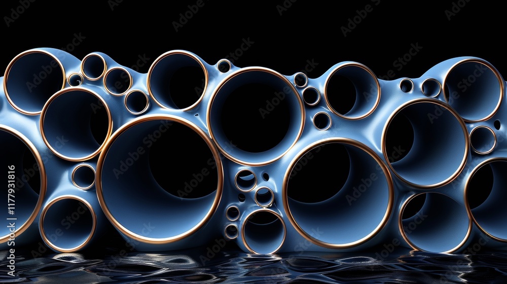 Poster a collection of circular tubes in various sizes showcases a striking blue color with golden edges. t