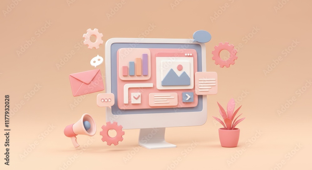 Poster 3d render of a white desktop computer with pastel ui elements and marketing icons on a light peach b
