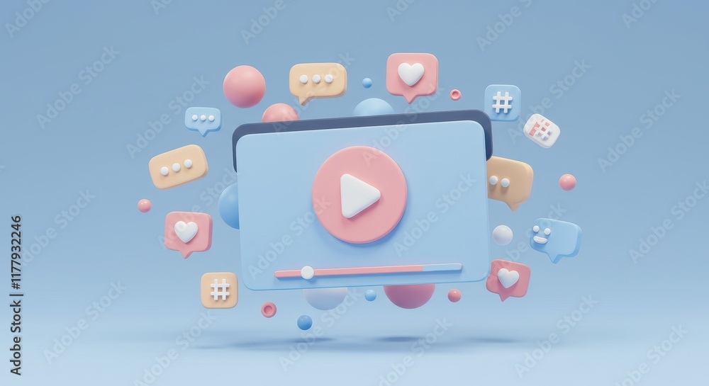 Poster 3d illustration of a floating video player interface featuring a play button and progress bar