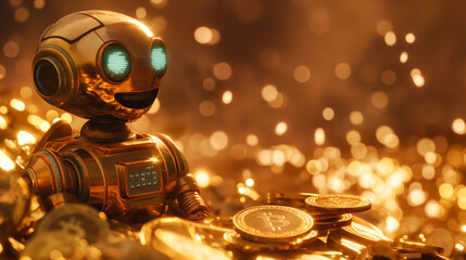 Fototapeta premium Robot surrounded by golden Bitcoins.