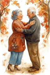 Fototapeta premium Elderly couple dancing lovingly under autumn trees with falling leaves, captured in a warm and tender watercolor illustration
