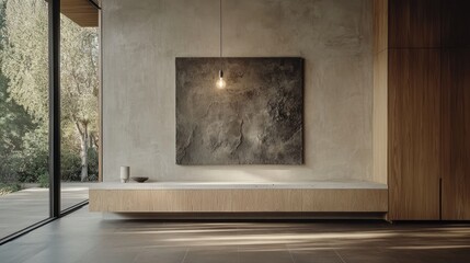 Modern minimalist living room with concrete wall, oak wood media console, and abstract artwork.