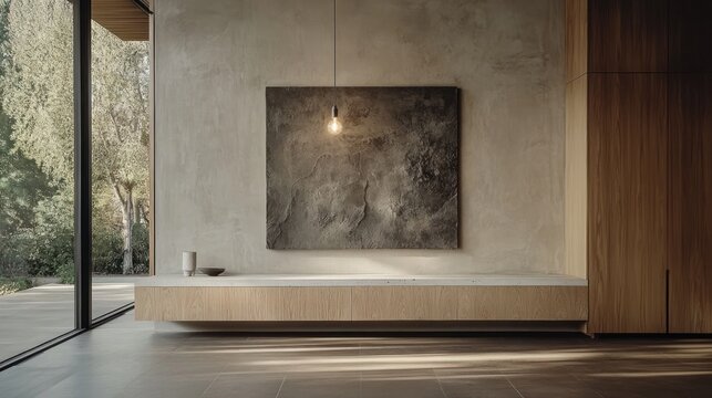 Modern minimalist living room with concrete wall, oak wood media console, and abstract artwork.