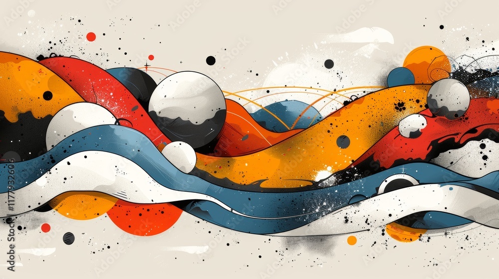 Poster bright colors and smooth waves intertwine with various spheres, creating a lively and energetic comp