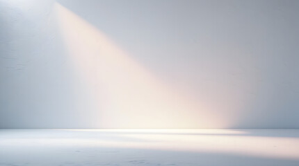 Minimal abstract light blue background for product presentation. Shadow and light from windows on plaster wall, white background. 