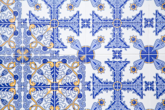 Intricate blue and white ceramic tile design in traditional style