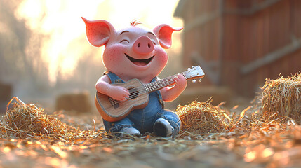 Happy pig playing guitar and singing in the farm at sunset