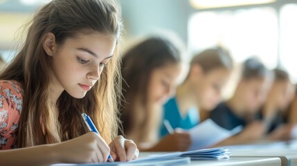 Focused Student Taking Exam in Classroom