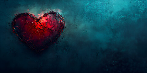 A glowing red heart wrapped in cracks and wire on a textured teal background