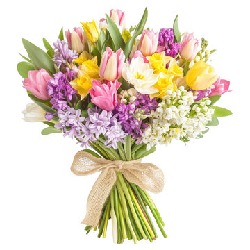 Bright spring bouquet of flowers with tulips and hyacinths on a white or transparent background