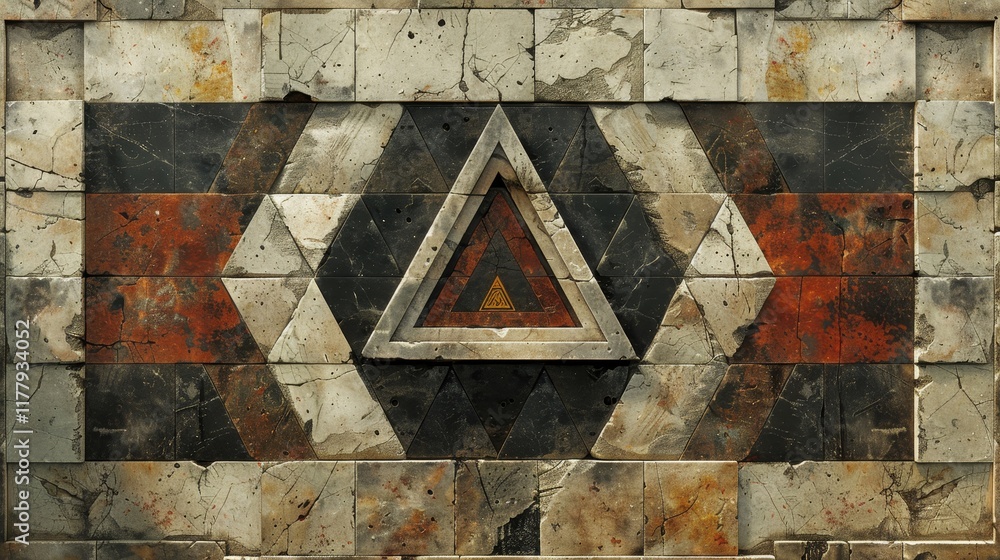 Poster a detailed stone wall design showcases intricate geometric shapes, including multiple triangles and 