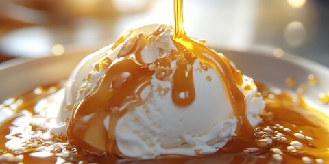 Freshly drizzled caramel sauce cascades over creamy vanilla ice cream in a dessert bowl