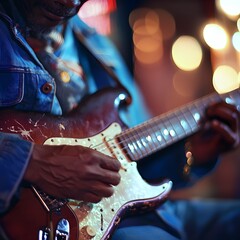 Naklejka premium Virtuoso Blues Guitarist Performing on Stage in Intimate Nightclub Setting