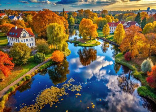 Amalienau Pond's autumn splendor: High-depth-of-field photography captures Kaliningrad's breathtaking fall scenery.