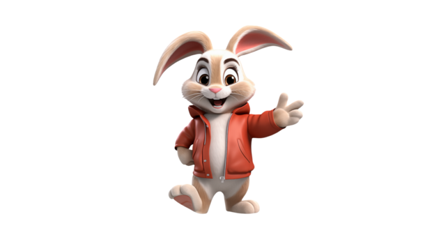 Charming 3D Cartoon Rabbit in Red Jacket isolated on transparent background