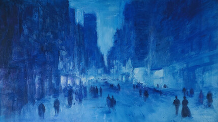 An expressionist portrayal of a bustling blue street and walking people, radiating the intense emotion of melancholy. Interior table design.