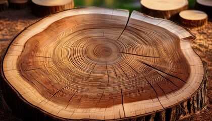 Close-up of a tree's cross-section, showcasing its rings and natural texture.