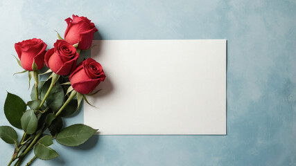 Thoughtful gesture with vibrant red roses and an empty card ready for a heartfelt message on a soft blue background