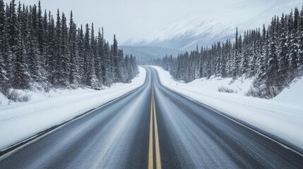 Fototapeta premium Snowy Winter Road Through a Majestic Forest