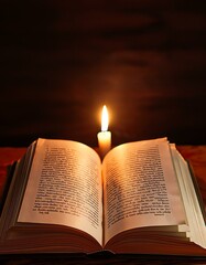 Open book illuminated by candlelight, creating a warm, inviting atmosphere.