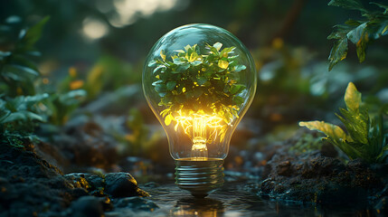 Glowing plant in lightbulb by stream, nature background; sustainable energy concept