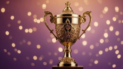 Fototapeta premium A golden trophy with intricate engravings and ornate handles, standing tall on a polished wooden base,