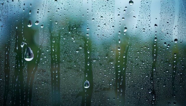 Raindrops cling to a windowpane, blurring the verdant background.
