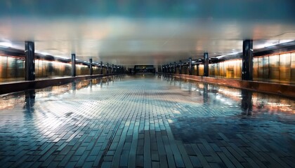 Naklejka premium Wet urban pathway, reflecting lights at night.