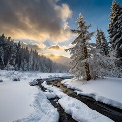 Winter landscape with snow covered trees and river at sunset. Mountain Altai, Siberia, Russia