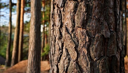 Obraz premium Close-up of a pine tree trunk in a forest, showcasing its textured bark.