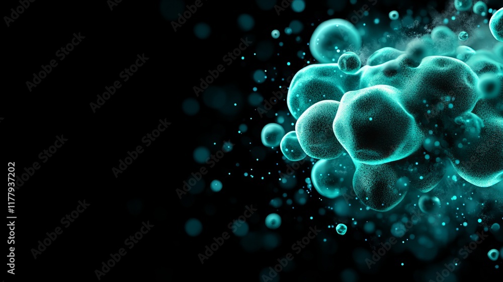 Poster abstract teal blobs float in a dark void. mysterious and captivating.