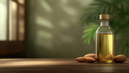 Almond oil in a glass bottle with fresh raw nuts on a wooden table