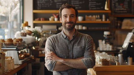 A Confident Male Barista Standing Behind the Counter of a Coffee Shop