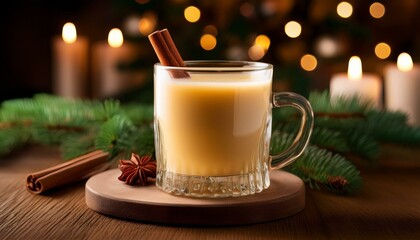 Obraz premium Warm creamy eggnog drink with cinnamon sticks in a clear mug.
