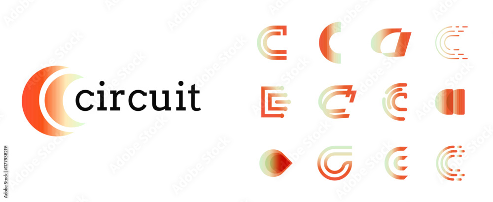 Poster abstract gradient logos set with geometrical letters c in orange and green, symbolizing technology, 