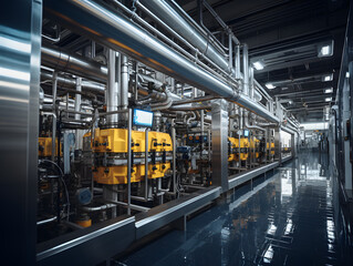 Fototapeta premium Inside a Refinery: Pipes, Machinery, and Storage Tanks in a High-Tech Industrial Hub